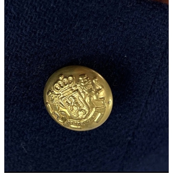 Joan Leslie Womens Sz 12 Navy Blue Gold Crest WOOL Double Breasted Blazer Jacket - Picture 9 of 10